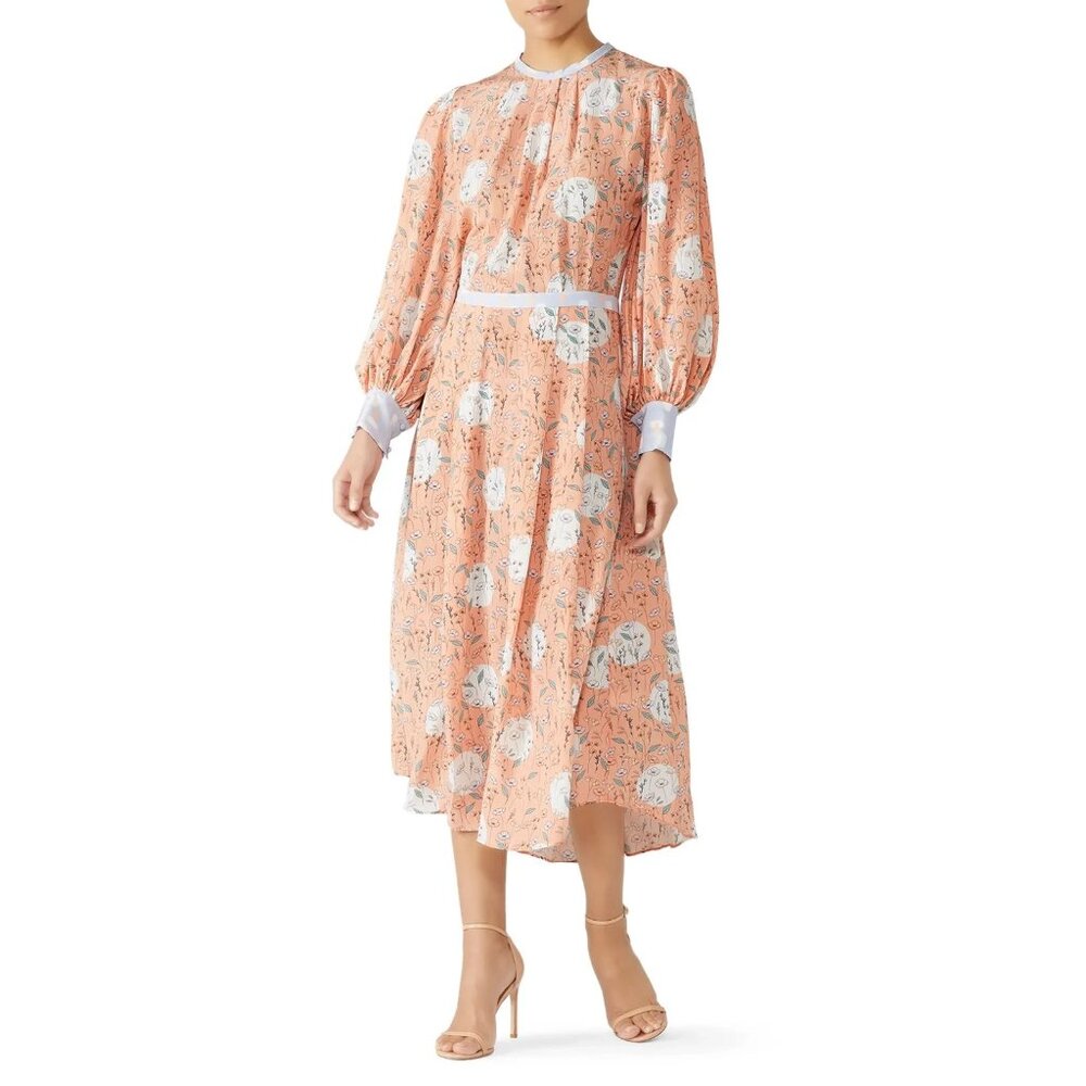 HUNTER BELL Peach Floral Long-Sleeve Midi Dress with White Accents